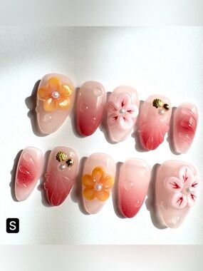 Press-On Nails - Pink Ombre Floral Accent